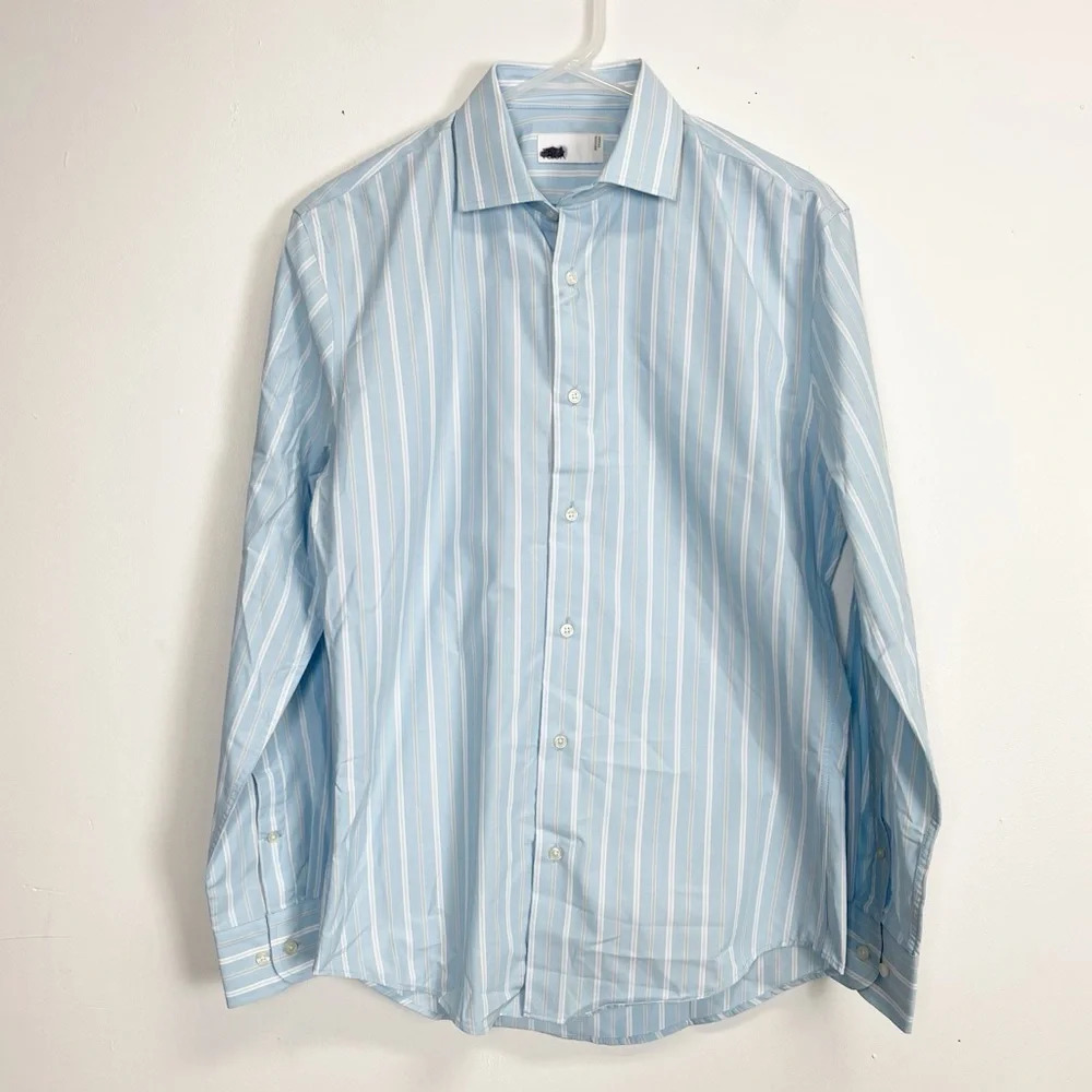 NEW Nordstrom Rack Button Down Shirt Mens 14.5 34 35 Blue Striped Trim Fit NWOT